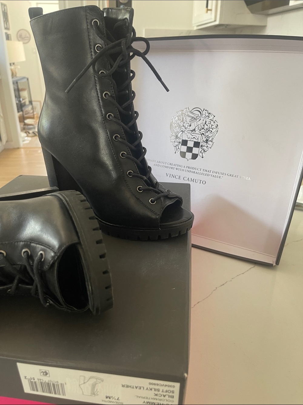 Vince Camuto Black Leather Lace-Up Peep-Toe Lug Ankle Boots